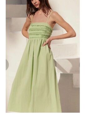 AYR Light Green Smocked Midi Dress Cotton Tencel Square Neck Contemporary Sz M
